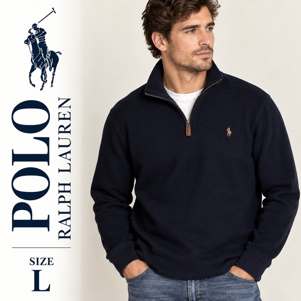 Polo Ralph Lauren Quarter Zip Men L Black Sweater Cotton Mock Neck Pullover